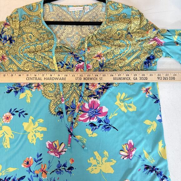 Susan Gravel Liquid Knit Paisley Floral Popover Top Size L Blue Pretty Office - Picture 9 of 11